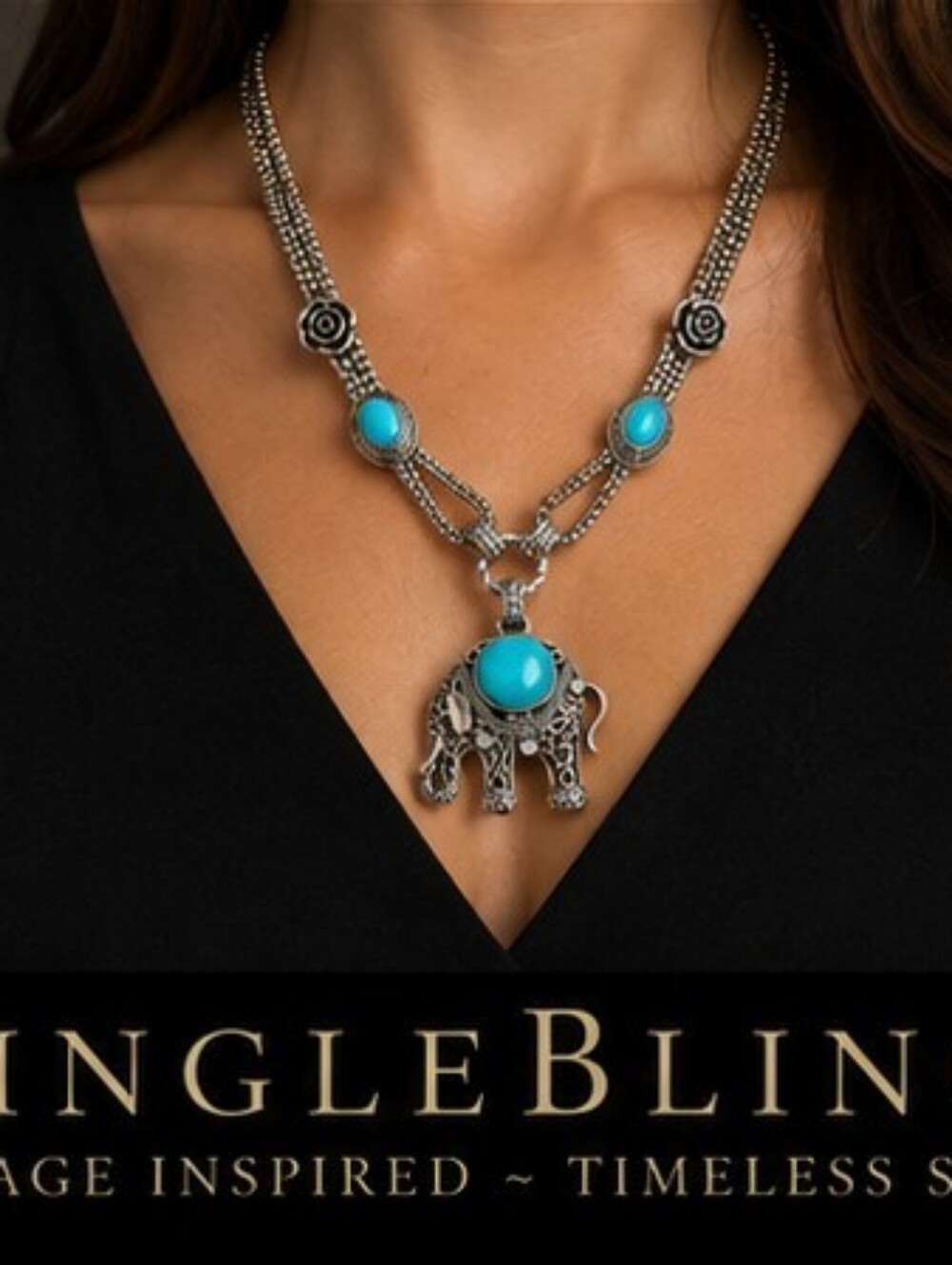 Elephant Turquoise Glass Ceramic Crystal Double Chain Statement Necklace